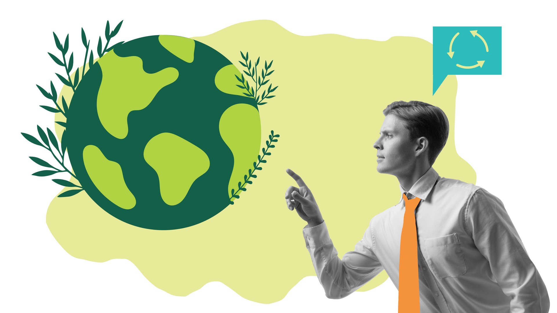 Man pointing towards green Earth, symbolizing responsibility, sustainable business practices, and eco-conscious decision-making. Conceptual art collage.