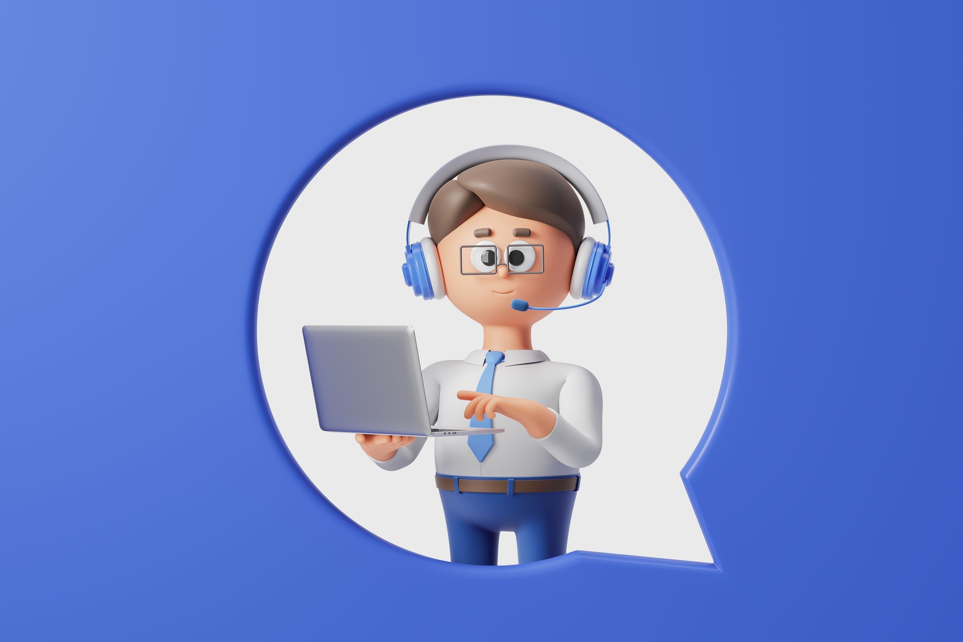 Cartoon man working in call center portrait, speech bubble frame